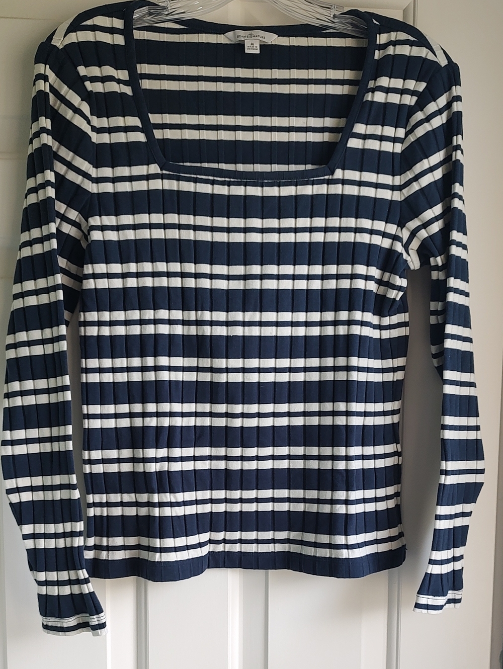 Navy and White Ribbed Scoop-Neck Striped Top